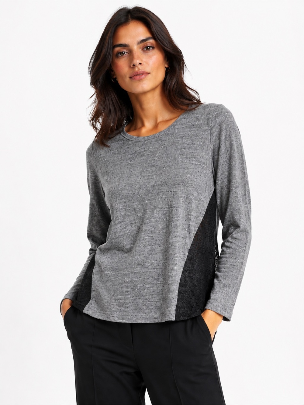 Sandro LINEN Lace Gray Black Long Sleeve Blouse